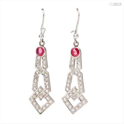 A pair of ruby and diamond set pendant earrings