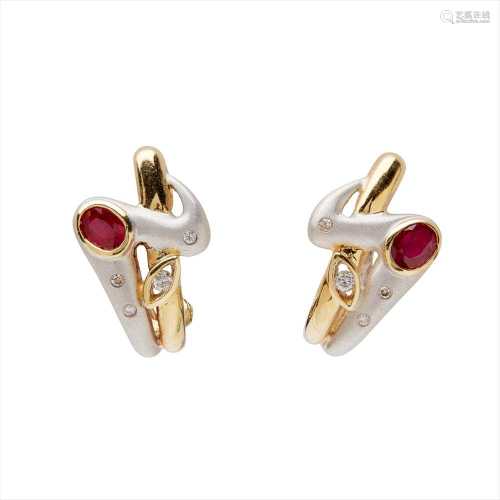 A pair of ruby and diamond set earrings