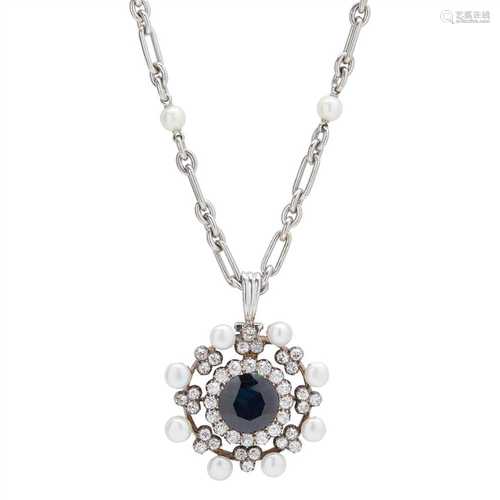 A sapphire, pearl and diamond set pendant necklace