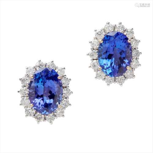 A pair of Tanzanite and diamond set cluster earrings