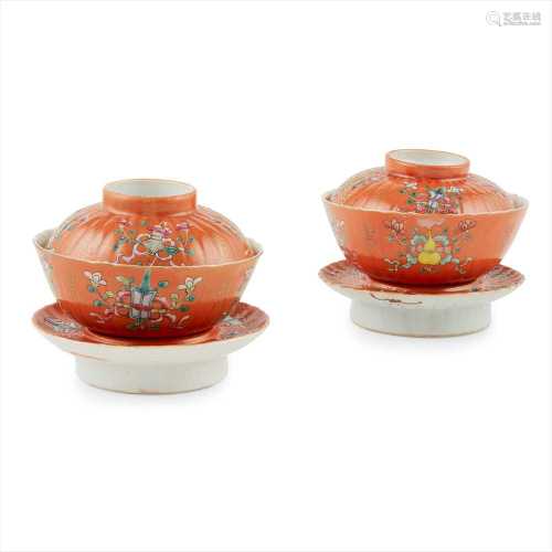 PAIR OF CORAL GROUND TEACUPS, SAUCERS, AND STANDS QIANLONG MARK BUT 19TH CENTURY