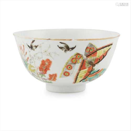 FAMILLE ROSE 'BUTTERFLY AND GOURD' BOWL QIANLONG MARK BUT 19TH CENTURY