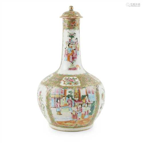 CANTON FAMILLE ROSE BOTTLE VASE AND COVER QING DYNASTY, 19TH CENTURY