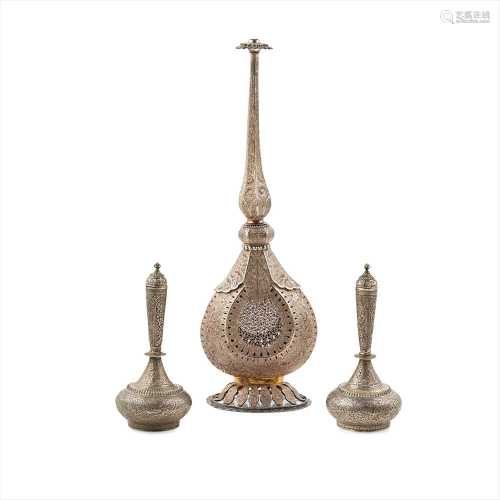 INDIAN SILVER ROSEWATER SPRINKLER AND BOTTLES 18TH-19TH CENTURY
