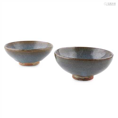 GROUP OF TWO PURPLE-SPLASHED JUN-GLAZED 'BUBBLE' BOWLS YUAN DYNASTY OR LATER
