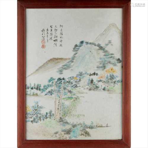 QIANJIANG ENAMELLED AND INSCRIBED PORCELAIN PLAQUE CHENGMEN MARK