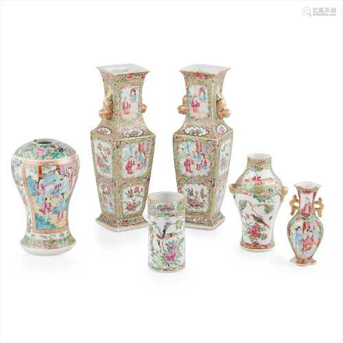 GROUP OF FIVE CANTON FAMILLE ROSE VASES AND A BRUSH POT QING DYNASTY, 19TH CENTURY