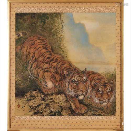 JAPANESE SILK PAINTING OF A PAIR OF TIGERS EARLY 20TH CENTURY