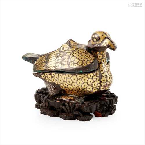 SILVER INLAID GILT-BRONZE DUCK INKWELL