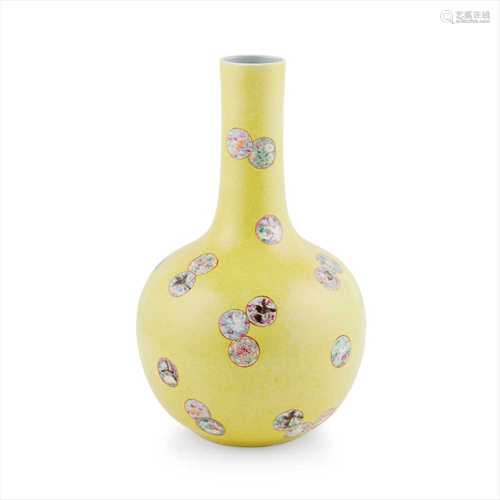 FAMILLE ROSE YELLOW GROUND SCRAFFIATO BOTTLE VASE QIANLONG MARK BUT 19TH CENTURY