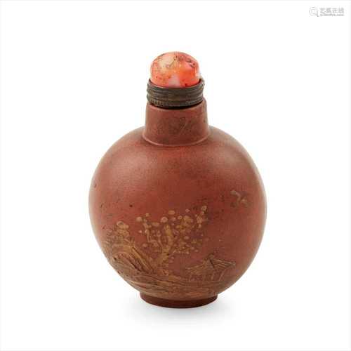 GROUP OF TWO YIXING STONEWARE SNUFF BOTTLES QIANLONG MARK BUT 19TH CENTURY