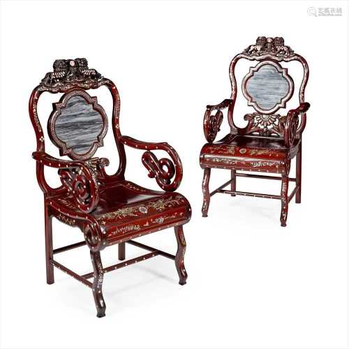 PAIR OF MOTHER-OF-PEARL AND MARBLE INLAID HARDWOOD ARMCHAIRS 20TH CENTURY
