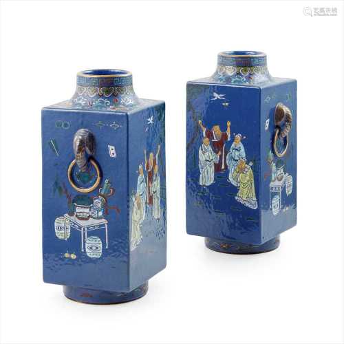PAIR OF BLUE-GROUND FAMILLE ROSE SQUARE-SECTION VASES QIANLONG MARK BUT GUANGXU PERIOD