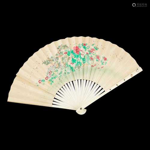 Y JAPANESE SHIBAYAMA IVORY FAN MEIJI PERIOD