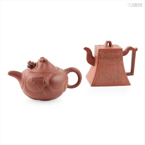 TWO YIXING STONEWARE TEAPOTS EARLY 20TH CENTURY