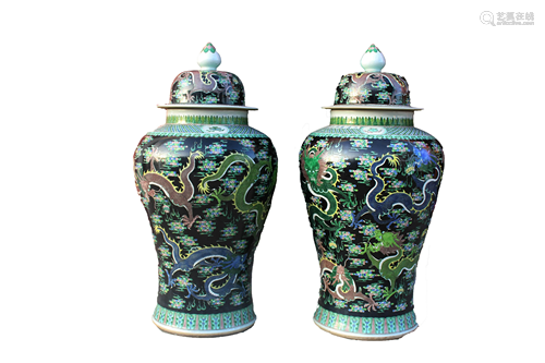 A Pair of Large Chinese Famille Verte Porcelain Vases