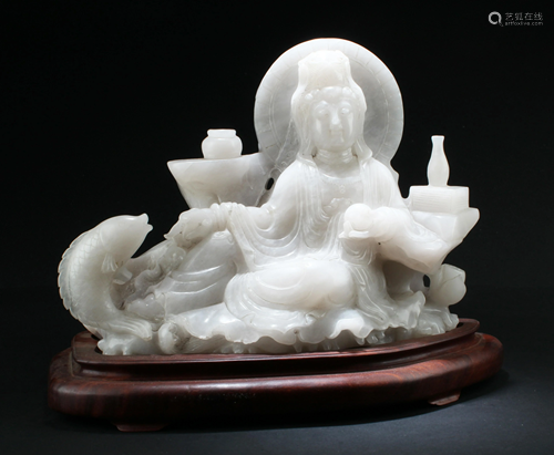 A Large Chinese Jadestone Guanyin Carving w…