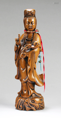 Antique Carved Wooden Standing Guanyin Statue