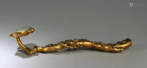 A Gilt Bronze Ruyi Scepter With Jade Inlay