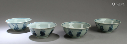 A Group of Four Blue & White Bowls