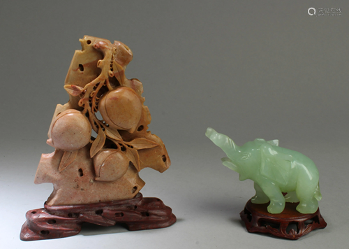 One Jadestone Elephant Figurine & One Soapstone