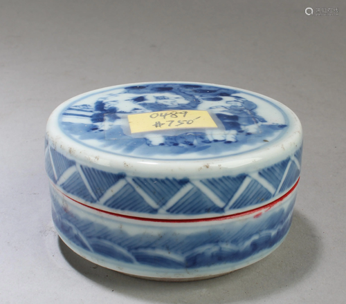 Antique Chinese Blue & White Round Red Ink Box