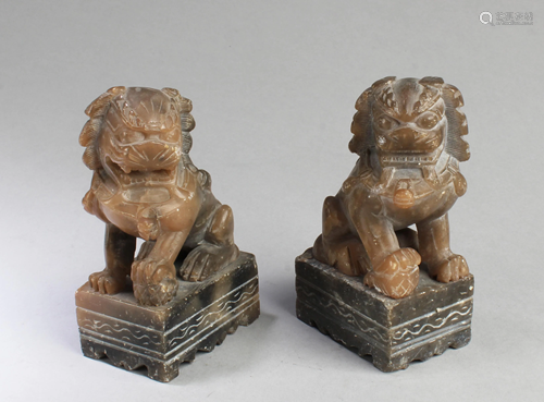 A Pair of Antique Soapstone Carved Foo Lion St…