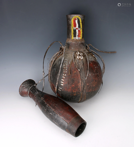 RARE AFRICAN MILK GOURD CANTEEN ATTACHED …