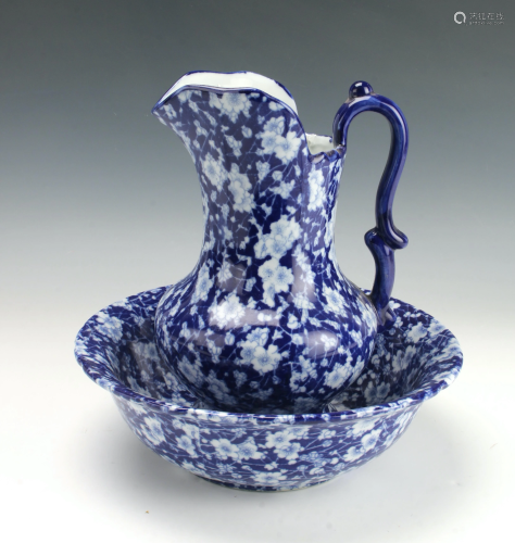 BLUE & WHITE IRONSTONE PITCHER AND B…