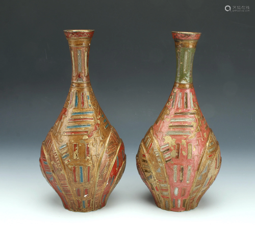 2 MIDDLE EASTERN PAINTED BRASS VASES