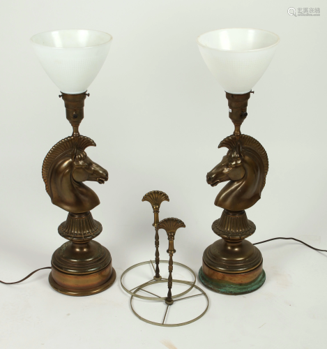 PAIR MCM BRONZE HORSE KNIGHT LAMPS WITH …