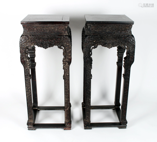 PAIR TALL CARVED ZITAN VASE STANDS