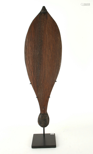 CARVED WOODEN LEAF SHAPE FAN ON STAND