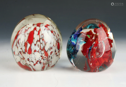 2 RED & BLUE HAND BLOWN PAPERWEIGHTS