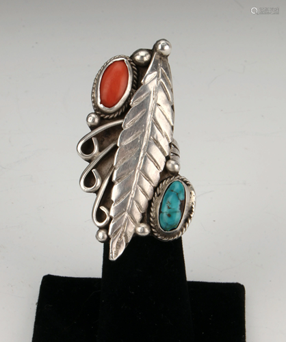 RARE NAVAJO CORAL & TURQUOISE STERLING RING