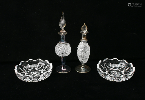 2 BLOWN GLASS PERFUME BOTTLES & 2 RING …