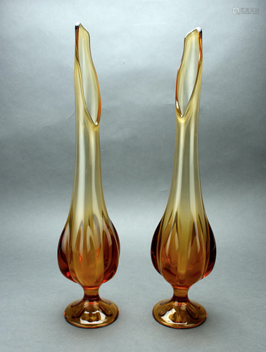 PAIR AMBER GLASS VASES MID CENTURY