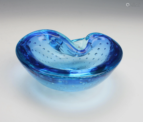 BLUE CONTROLLED BUBBLE ART GLASS BOWL