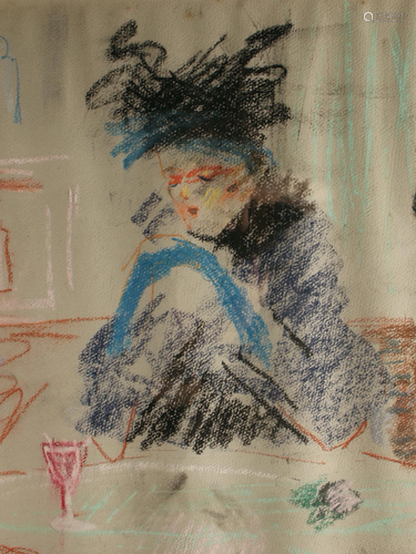 GABRIEL DAUCHOT PASTEL PARISIAN CAFE SCENE