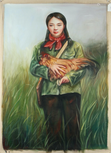 REVOLUTIONARY GIRL HOLDING HEN ON CANVAS