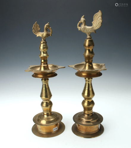 PAIR BRONZE ROOSTER TOPPED CANDLESTICKS