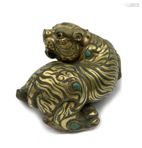 Chinese Gilt Bronze and Turquoise Beast