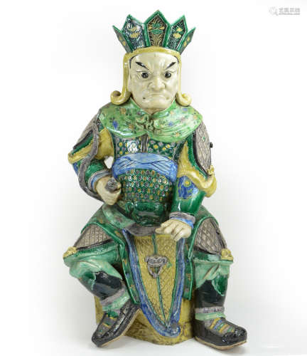Large  Famille Verte Porcelain Figure of a Guardian