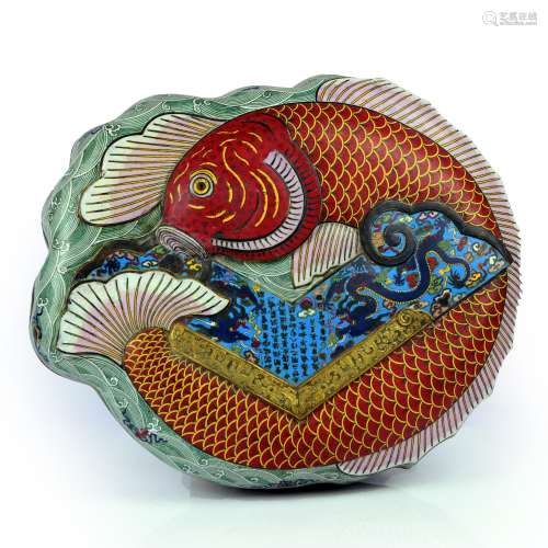 Large Peach Shaped Cloisonne Enamel Carp Cover Box With