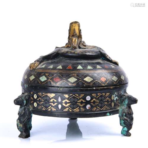 Gem Inlaid Bronze Dragon Covered Inkwell