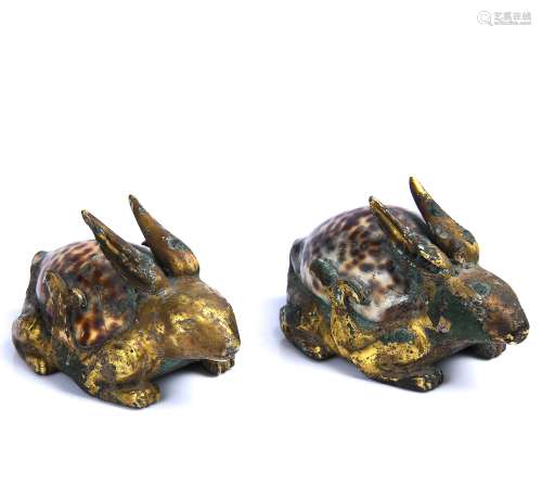 Pair of Bronze Rabbits With Inlaid Shell