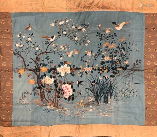 Chinese Embroidered Silk Bird and Flower  Panel