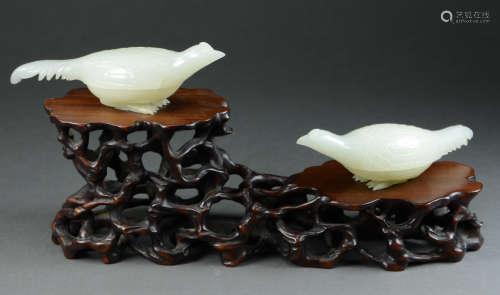 Pair of Carved White Jade Bird Form Boxes on Stand