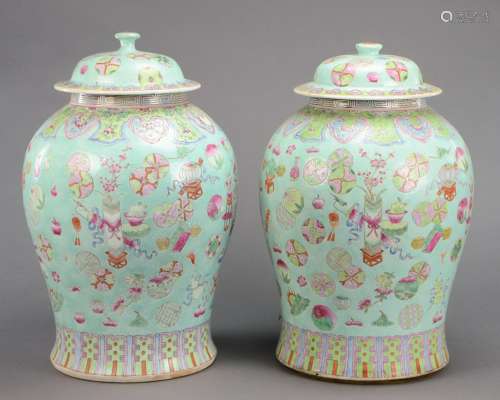 Pair of Large Famille Rose Porcelain Covered Vases