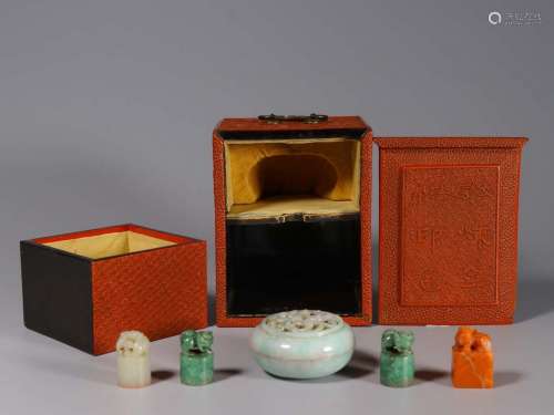 Carved Jadeite & Blood Stone Seals and Covered Ink Box